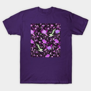 GREEN BIRDS,POMEGRANATE FLOWERS AND BUTTERFLIES Antique Purple Green Floral Pattern T-Shirt